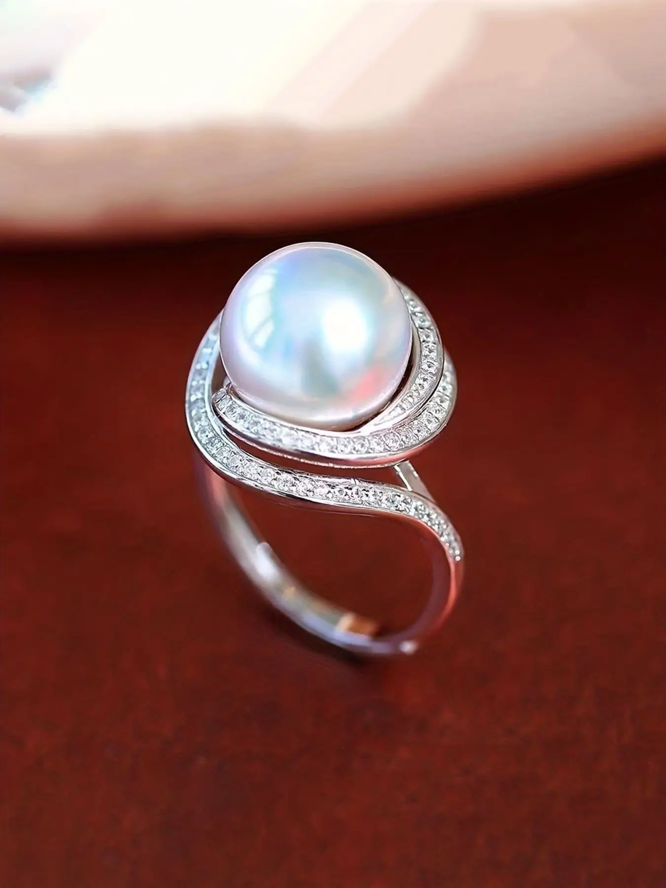 Elegant Women's Ring, Pearl Rings, Imitation Pearl Design, Luxurious Zircon Embedded, Cross Woven Hollow Pattern, Perfect Wedding & Engagement Gift