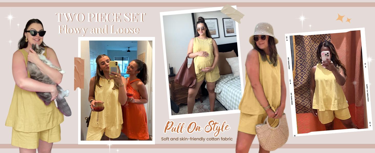 Ommig Womens 2 Piece Outfits Sleeveless Matching Sets A Line Tank Tops Contrast Stitching High Waist Shorts with Pockets