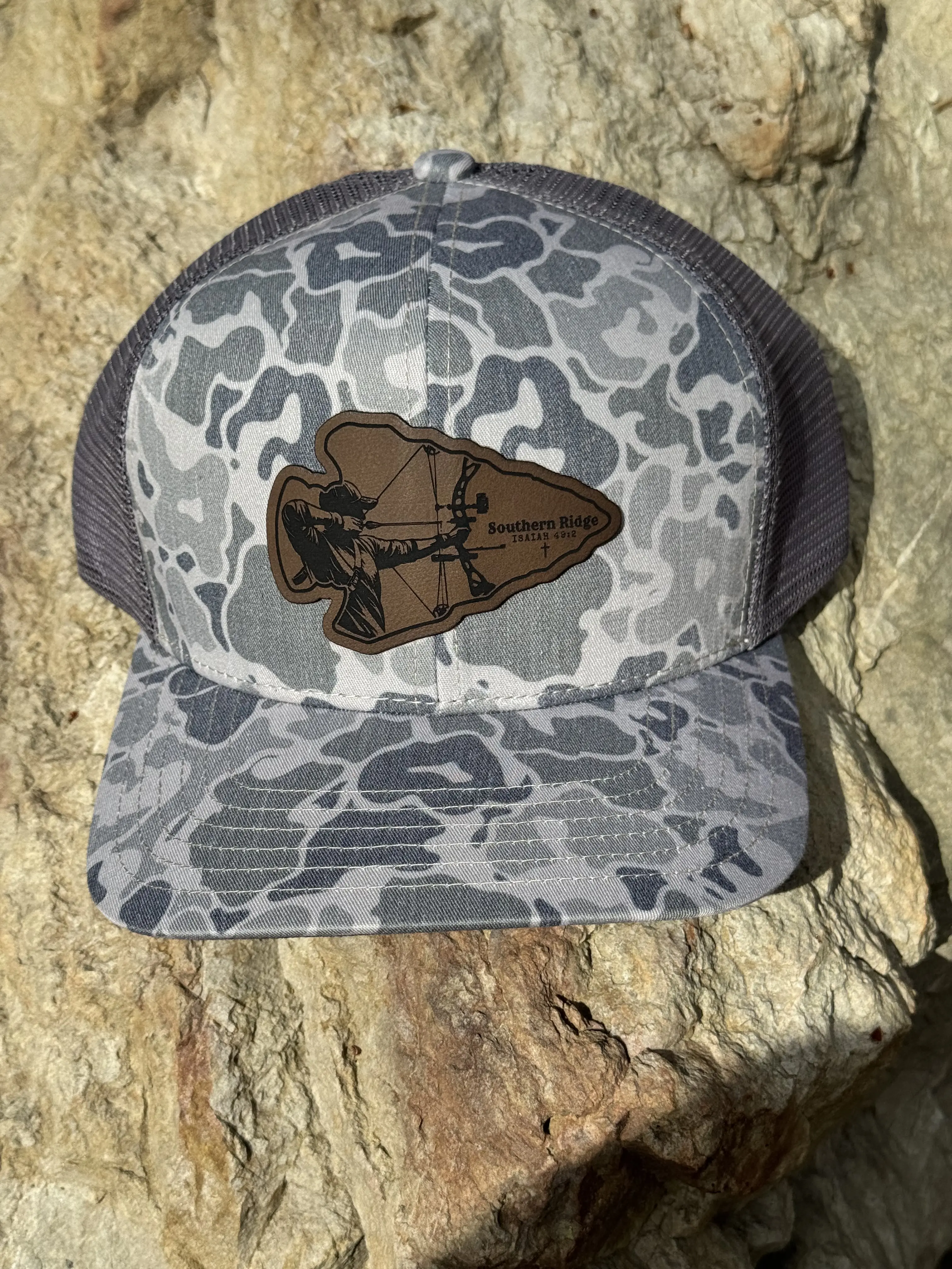The WaterWood - Mesh 1983 Collection - 6 Panel 10 1983 Rocklash - Greystone - Laser Engraved Leather Patch- Arrow Stylish Embroidery Unique Embroidery