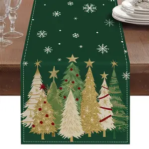 1pc, Green Christmas Tree Table Runner With Gold Stars And Snowflakes - Festive Christmas Decoration, Seasonal Winter Kitchen And Dining Home Party Decor