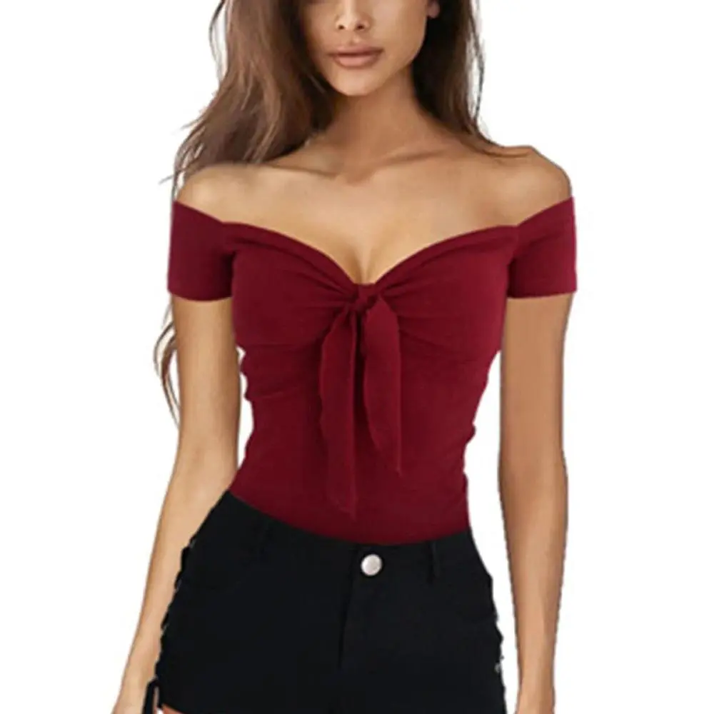 Women's Slim-Fitting Off-Shoulder V-Neck Short-Sleeve Tube Top Blouse - Lady's Casual Cute Affordable Modern Basic Streetwear Clothes