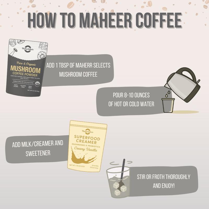 MaheerSelects Premium Mushroom Coffee Powder withbox Complete Coffee Set 100% REAL, USA Grown Instant Coffee for Better Energy, Focus, Digestion, Immunity with Lions Mane & Turkey Tail, 30 servings