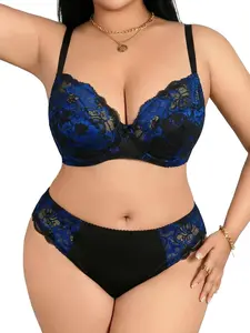 Gold Ditsy Floral Embroidered Plus Size Bra Set, High Stretch Breathable Lightweight Mesh, Sexy Fitted Elegant Multiway Bras, All Seasons Lingerie Underwear