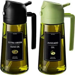 Olive Oil Dispenser, 2-in-1 Spray and Pour Cooking Oil Sprayer, Dark Green Glass Oil Bottle with Stickers, 16 oz/470 ml Cooking Oil Container