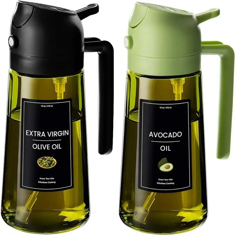 2PCS Olive Oil Dispenser Set Sprayer for Cooking, 2-in-1 Spray and Pour Dark Green Glass Oil Bottle with Stickers, 16 oz/470 mL Oil Sprayer, Cooking Oil Container, Kitchen Oil Dispenser
