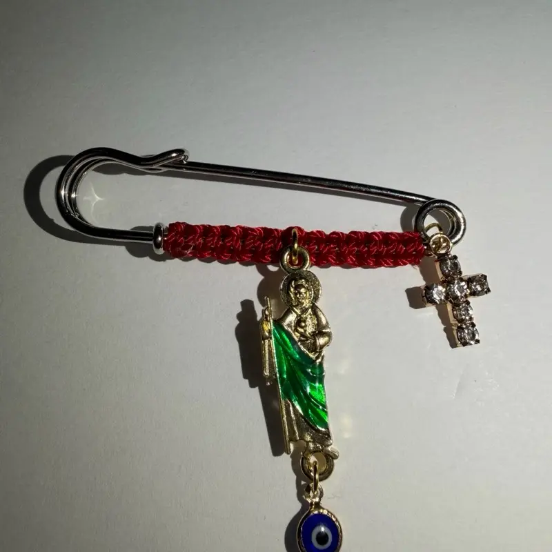 Pregnancy Protection Pin with Saint Jude,Cross charm and blue evil eye charm