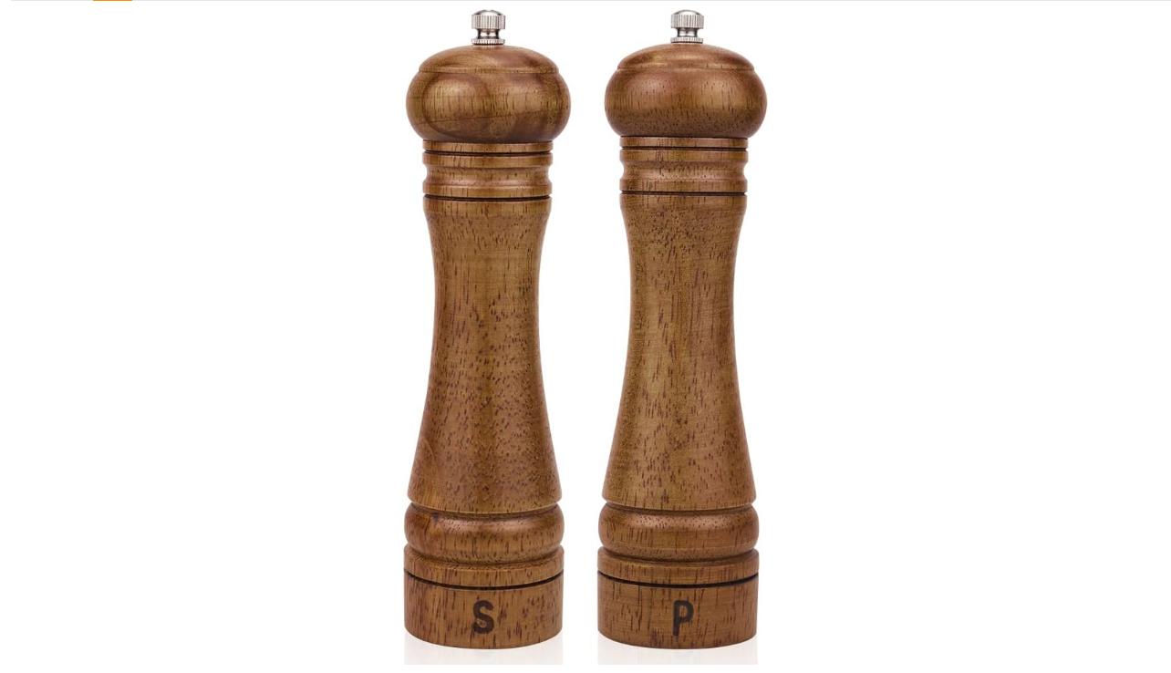 2-Piece 8-Inch Oak Wood Rustic Kitchen Salt and Pepper Grinder Set - Adjustable Ceramic Rotor Mill, Coarse-to-Fine Settings, Cover-Included for BBQ Use