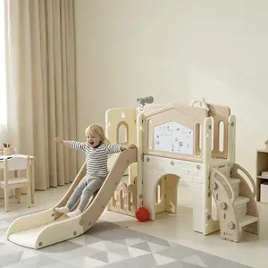 Kids 8 in 1 Slide Sets,with Drawing Board,Basketball Hoop,Telescope and Steeringwheel, Indoor Outdoor Playset,Baby Climber Toddler Playground,Brown & White