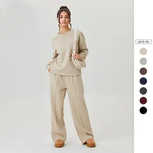 Women's Basic Solid Color Loose Long Sleeve Top & Exposed Stitches Trousers Co-ord (B), Lightweight Round Neck Top & Wide Leg Trousers Two Piece Outfits