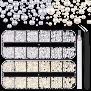 2700 count Flat Back Pearls Kits, 1 Box of Flatback White+1 Box of Beige Small Half Round Pearls with Pickup Pencil and Tweezer for Nail Art Face Makeup Graduation Cap Decorations DIY and Craft