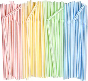 [New Deal] [200 Pack] Flexible Disposable Plastic Drinking Straws - 7.75" High - Assorted Colors Striped