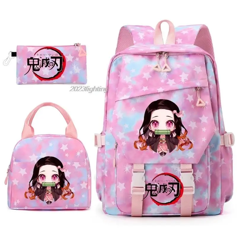 Demon Slayer Nezuko Kamado Backpacks Rainbow Color Anime 3pcs Capacity Teens Laptop School Bags With Handbags With Pencil case