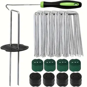 101-piece Lawn U-shaped Nail Set, U-shaped Fixing Nail Garden Stake, 50 pieces Lawn U-shaped Fixing Nail   50 pieces Washer (with 1 hook), Ideal Tool for Fixing Lawn, Fabric, Outdoor Tent, Gardening Cloth, Landscape Cloth, Weeding Cloth