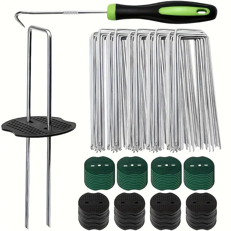 101-Piece U-Shaped Fixing Nail Garden Stake Set - 50 U-Shaped Fixing Nails, 50 Washers, 1 Hook - Home Improvement Garden Tool for Lawn Fixing, Outdoor Tent Securing