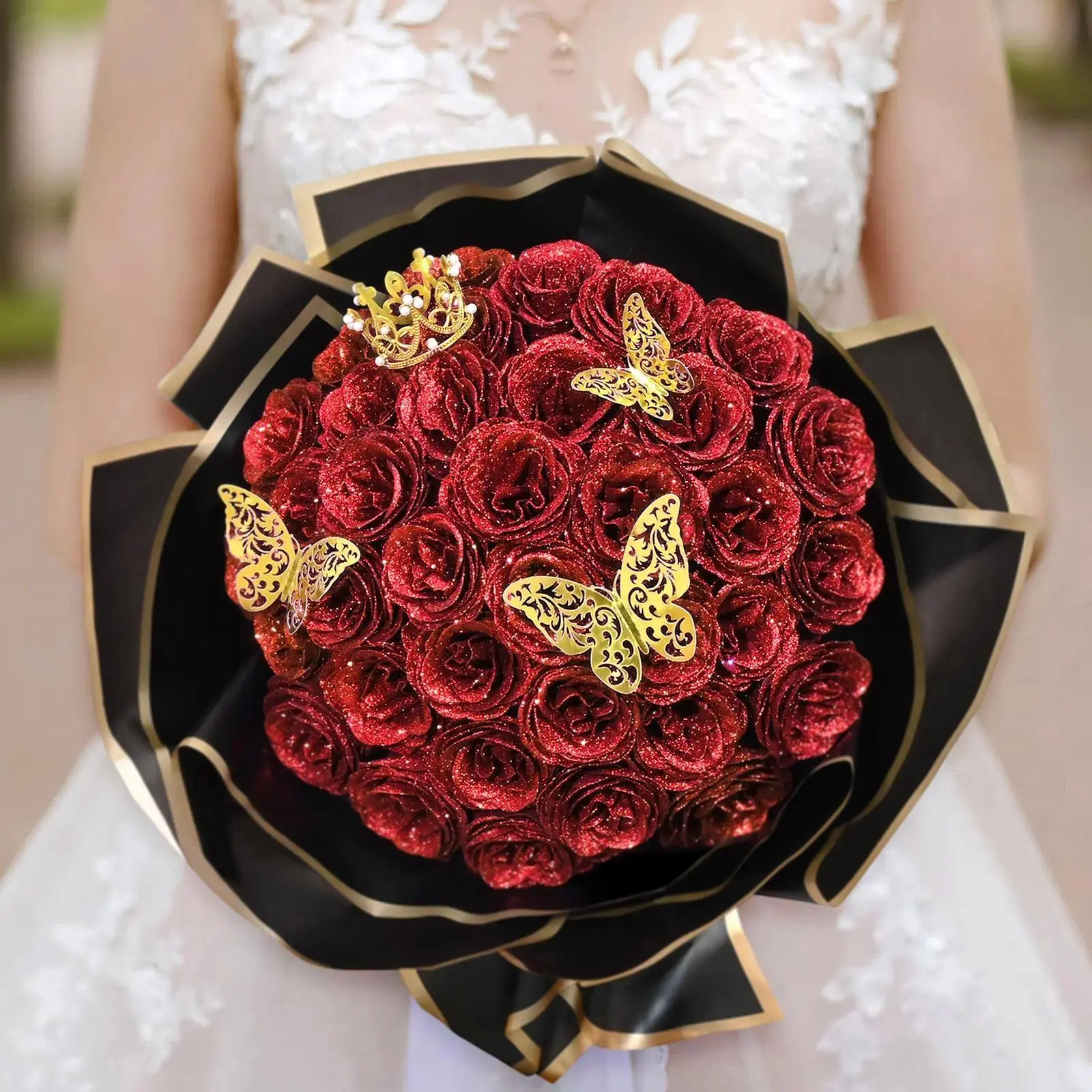 24/36 DIY Sparkling Artificial Rose Flowers Bundle Set with 3D Butterfly Crown and Ribbon, Diy Flower Bouquet, Diy Flower Arrangements, Suitable for Female Gift, Perfect for Valentine's Day, Birthday, Engagement, Wedding Anniversary, Graduation