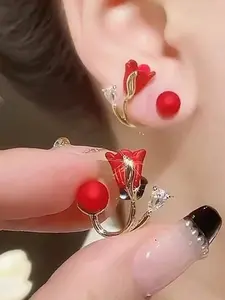 Rose Flower Earrings, Basic Style, Suitable for Women Daily Wear, Jewelry Gift Choice, Fashionable Jewelry Accessories, Rhinestone Material, No Plated Metal