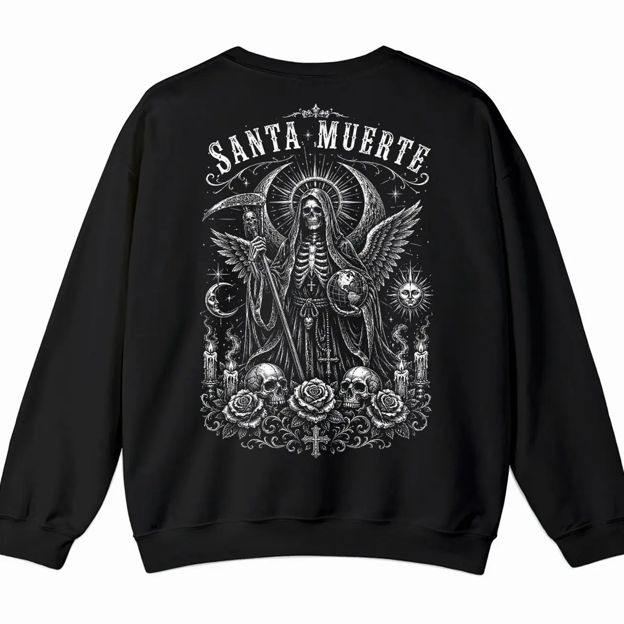 Supernatural-Themed Women's Round Neck Longsleeve Polyester Basics Gothic Fleece Sweatshirt, Unisex Oversize Casual Pullover with Santa Muerte Skull, Winged Reaper & Roses Graphics, Soft Breathable Baggy Loose Hoodie Top