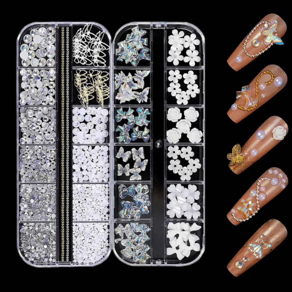 1Set Mixed 3D Nail Art Gem Flower Nail Charms - Pearls Kit Aurora Bear Bow Butterfly Starry Rhinestone Charm Jewelry for Deco, Pearl Flower Caviar Bead Stone Crystal