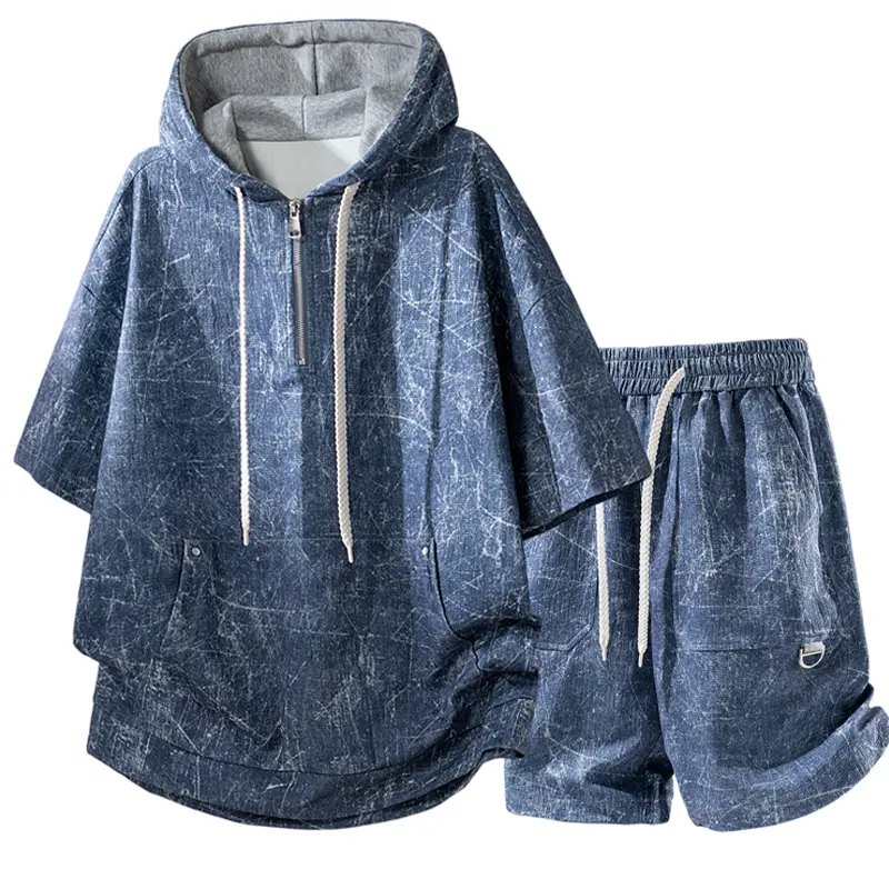 New summer men’s set featuring a drawstring design—trendy, versatile, and comfortable. Minimalist casual two-piece set with a hooded short-sleeve T-shirt and shorts, textured decoration men’s short-sleeve shorts set. #fathersdaygift, #SummerWins