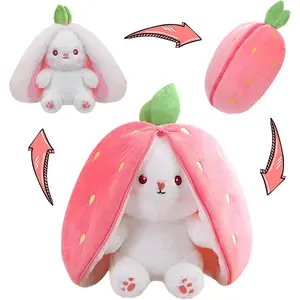 Bunny Stuffed Animal Reversible Cuddle Bunny Stuffed,Strawberry Bunny Transformed Rabbit Plush Zipper,Carrot That Turns Into Ears Bunnies Plushies Toy Cute Stuffy Doll Easter Girlfriend Gift