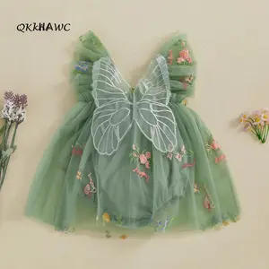 Baby girl cute butterfly chiffon jumpsuit, flower embroidered fairy 3D wing set, newborn photography&party picture jumpsuit (0-18M)
