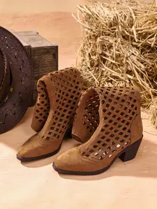 Women's Summer Hollow Out Mesh Western Boots, Chunky Heel Mid-Calf Cool Boots, Vintage V-Neck Breathable Holes Denim Boots