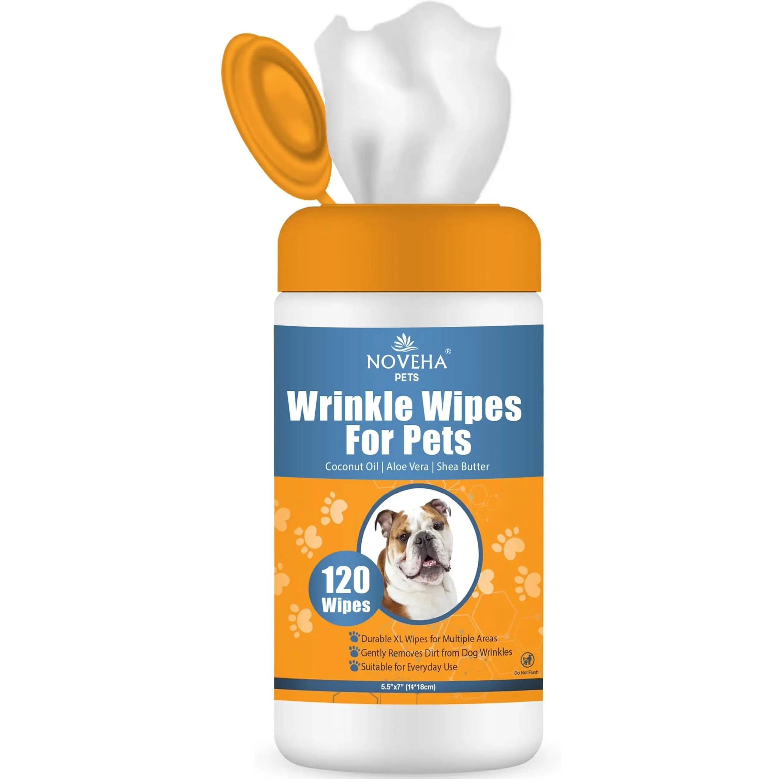 NOVEHA Large Dog Wipes 5"x7" | Aloe, Coconut Oil & Shea Butter | Gentle Care for Bulldogs & Pugs | 120 Count