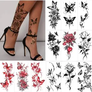 12 Sheets Temporary Tattoos For Women, Realistic Red Flower Half Arm Sleeve Tattoos, Waterproof Long Lasting Fake Tattoos, Semi Permanent Sexy Floral Body Stickers For Adults