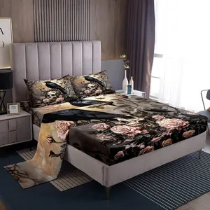 Feelyou Decorative Bedsheet Sets - Microfiber Soft Breathable Bed Sheets, Gothic Black Crow Raven Pink Rose Skull Fitted Sheet for Kids’ Room Decor (Halloween Themed), Microfiber Bed Sheets