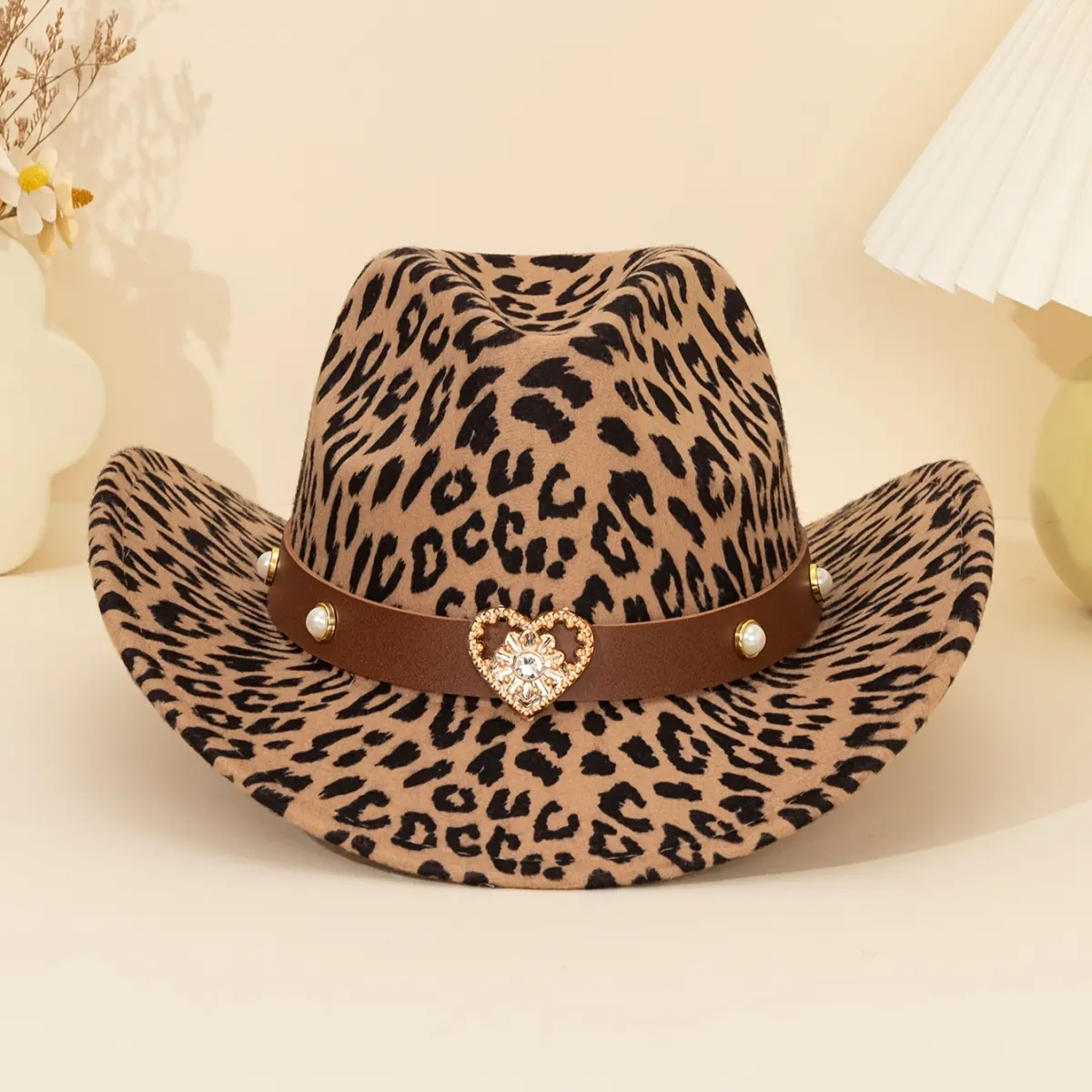 1pc A-Brown Chic Leopard Print Vintage Fedora Hat - Heart & Pearl Accents, Detachable Brim, Lightweight Casual Everyday Hat for Outdoor Sports, Party, Vintage Clothing