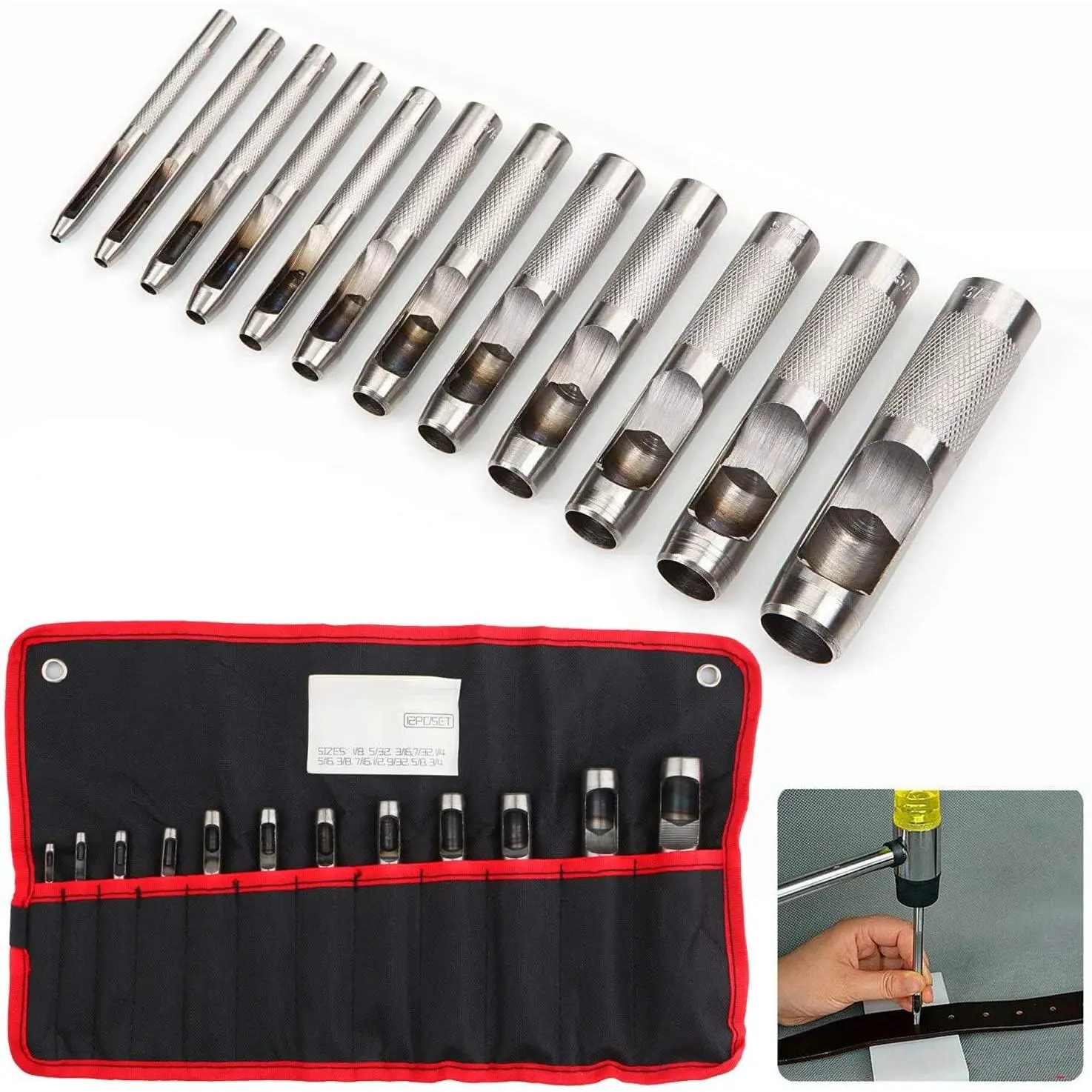 12 PCS Heavy Duty Steel Hollow Leather Punch Set, 1/8"-3/4" (3-19mm) Cutting Edge Round Hole Tool with Flutes for Leather, Vinyl, Plastic Watch Cloth Belts, Gaskets w/Storage Bag