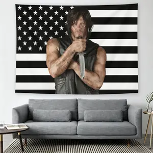Da-ryl Dixon Black American Flag Wall Flag, The Walking Dead Print, Mid-century Modern Black Flash Manga Style, Y2K Aesthetic, For Adult Fans, TV Show Decor, Man Cave Living Room Tapestry