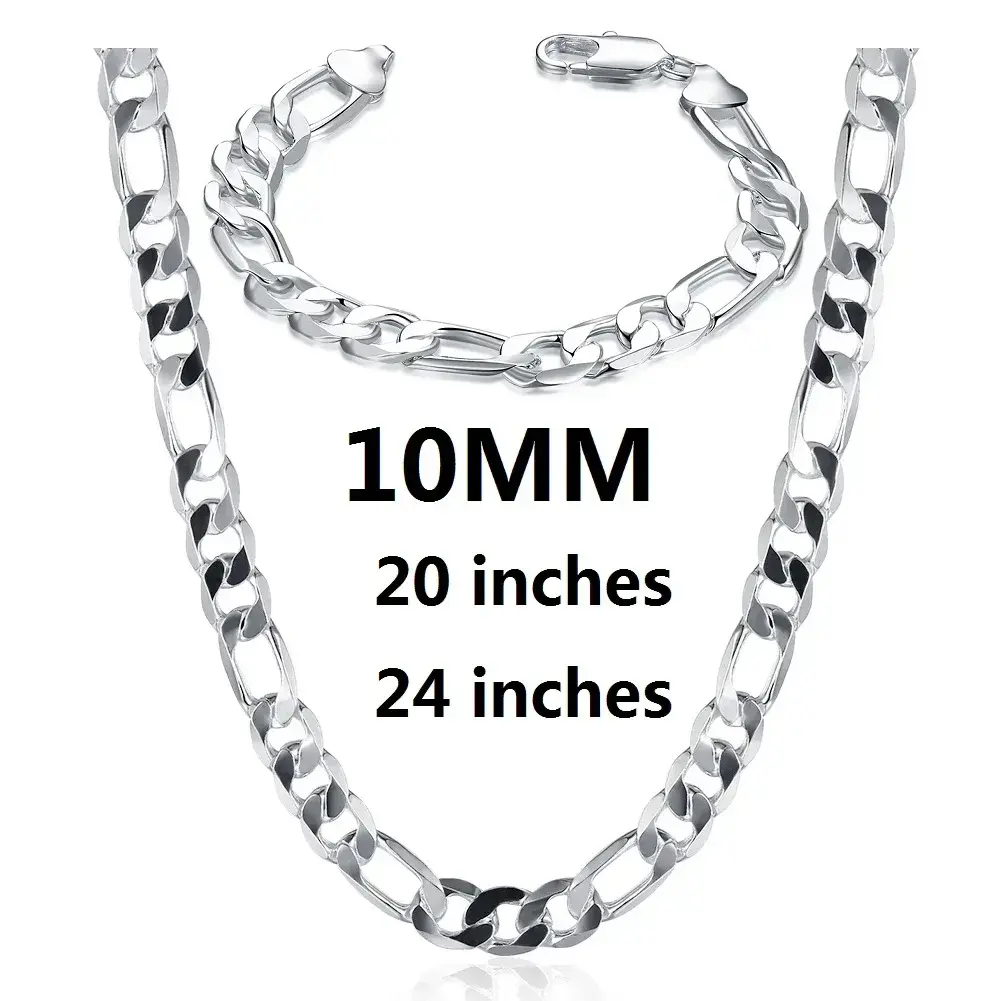 New luxury 925 Sterling silver classic 10MM Figaro Chain bracelets neckalces jewelry set for man women fashion party Accessories