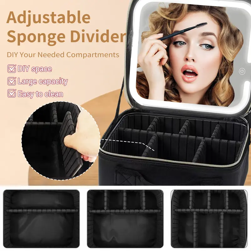Travel cosmetic bag with LED light, USB charging women's cosmetic storage box, portable lighted makeup mirror with adjustable brightness, three-color adjustable light, portable cheap storage bag with adjustable divider makeup brush puff storage box