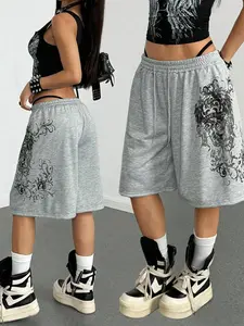 Women's Grey Gothic Graphic Print Elastic Drawstring Waist Baggy Shorts, Streetwear Casual Summer Bottoms, Suitable for Street Style and Daily Outings