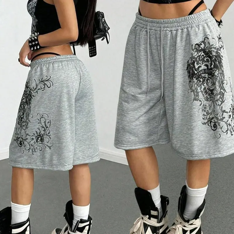 Women's Grey Gothic Graphic Elastic Drawstring Waist Baggy Full Print Shorts, Streetwear Casual Summer Bottoms, for Street Style and Daily Outings