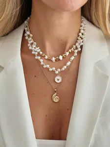 3-Piece Set Bohemian Style Heart Shell Ccb Imitation Pearl Pendant Necklace, Faux Pearl Jewelry, Chic and Elegant Jewelry for Parties, Women's Fashion Accessories Gift