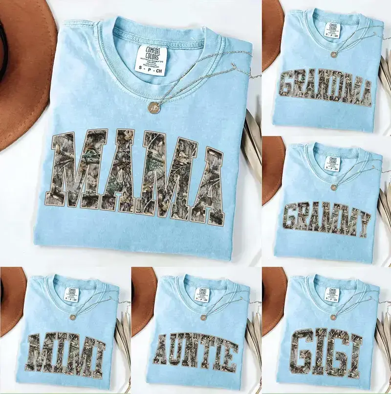 [Chambray] Comfort Colors Custom Camo Mama Shirt, Hunting Mama Graphic Tee, Personalized Family Name T-Shirt, Vintage Varsity Mom Shirt, Mother’s Day Gift for Moms - AL