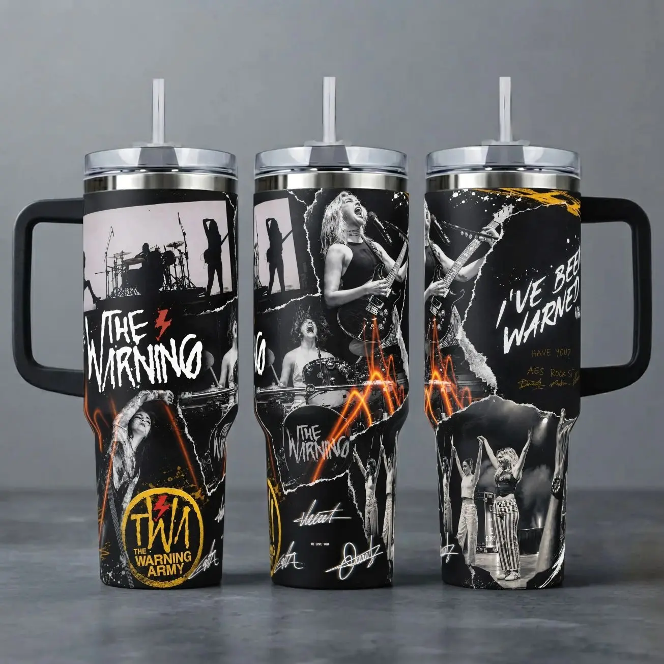 The Warning Band Tumbler, 20oz & 40oz Insulated Travel Mug with Handle & Straw, Rock Band Concert Art Cup, TWA Fan Merchandise,