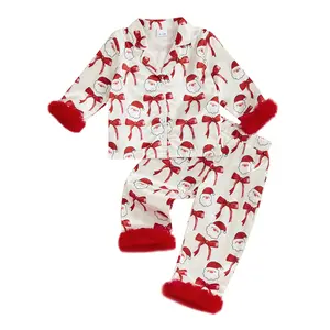 Toddler Baby Kids Girls Christmas Pajamas Set Bow Print Long Sleeve Tops with Elastic Waist Pants Fall Winter Sleepwear 6M-7Y