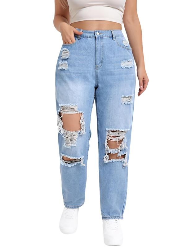 Women's Plus Size High Waist Loose Fit Jeans, Fashionable Ripped Long Pants, Casual Denim Trousers for Comfort and Style