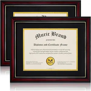 Diploma Frames 8.5 x 11 with Mat Set of 2 Solid Wood Degree frame Covered by Plexiglass, Certificate Frame 11x14 Without Mat, Picture Frame for Wall and Tabletop, Cherry Red with Gold Edge