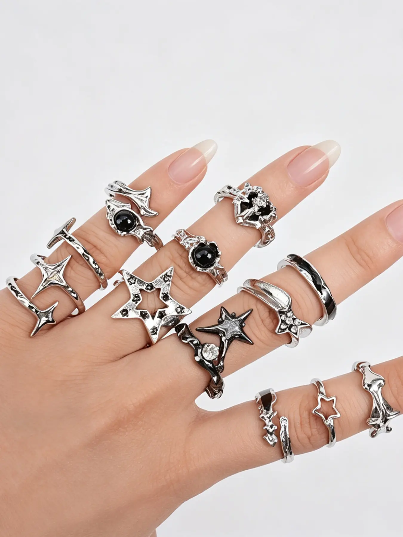 European and American Y2K Dark Style Star Ring Set, 11 Pieces Jewelry Accessories, New Fashionable Decorative Rings, Punk Rings, Dark Aesthetic Rings