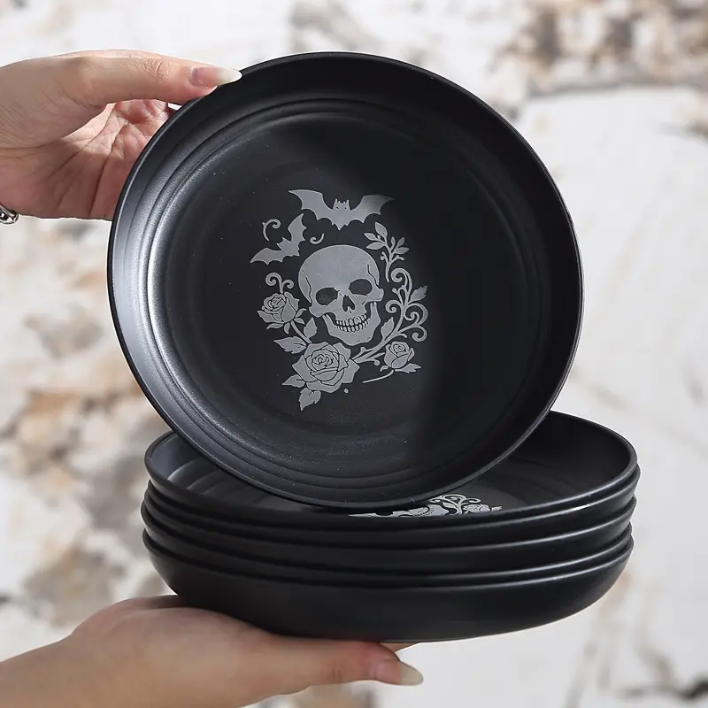 5pcs Skull Pattern Dinner Plates, Bone and Rose Design, Durable Lightweight Anti-Drop, Laser Engraved Round Plastic, Perfect for Easter, Halloween, May Day, Festival Party, Dishwasher Safe Tableware