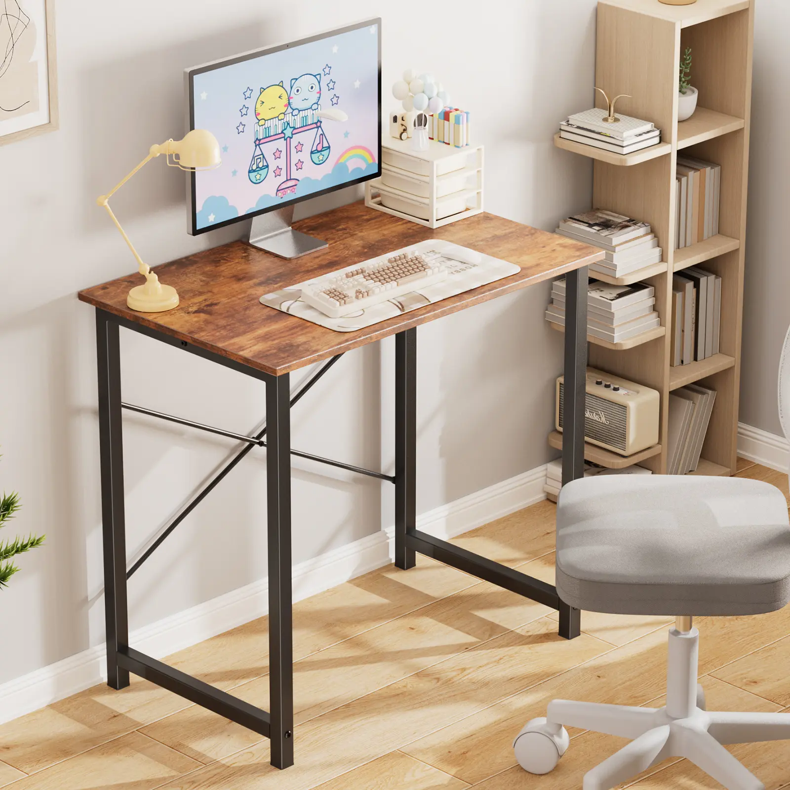 Folding Desk,31.5" Foldable Table for Small Spaces with Storage Hooks,Space Saving Computer Table,Writing Workstation for Home Office Easy Assembly,Oak,Computer Desk for Home Office, Modern Study Work Table Simple Style for Bedroom, Writing Desks with X-S