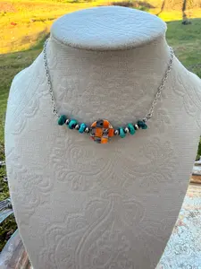 turquoise, sterling silver and spiny checkered beaded bar necklace
