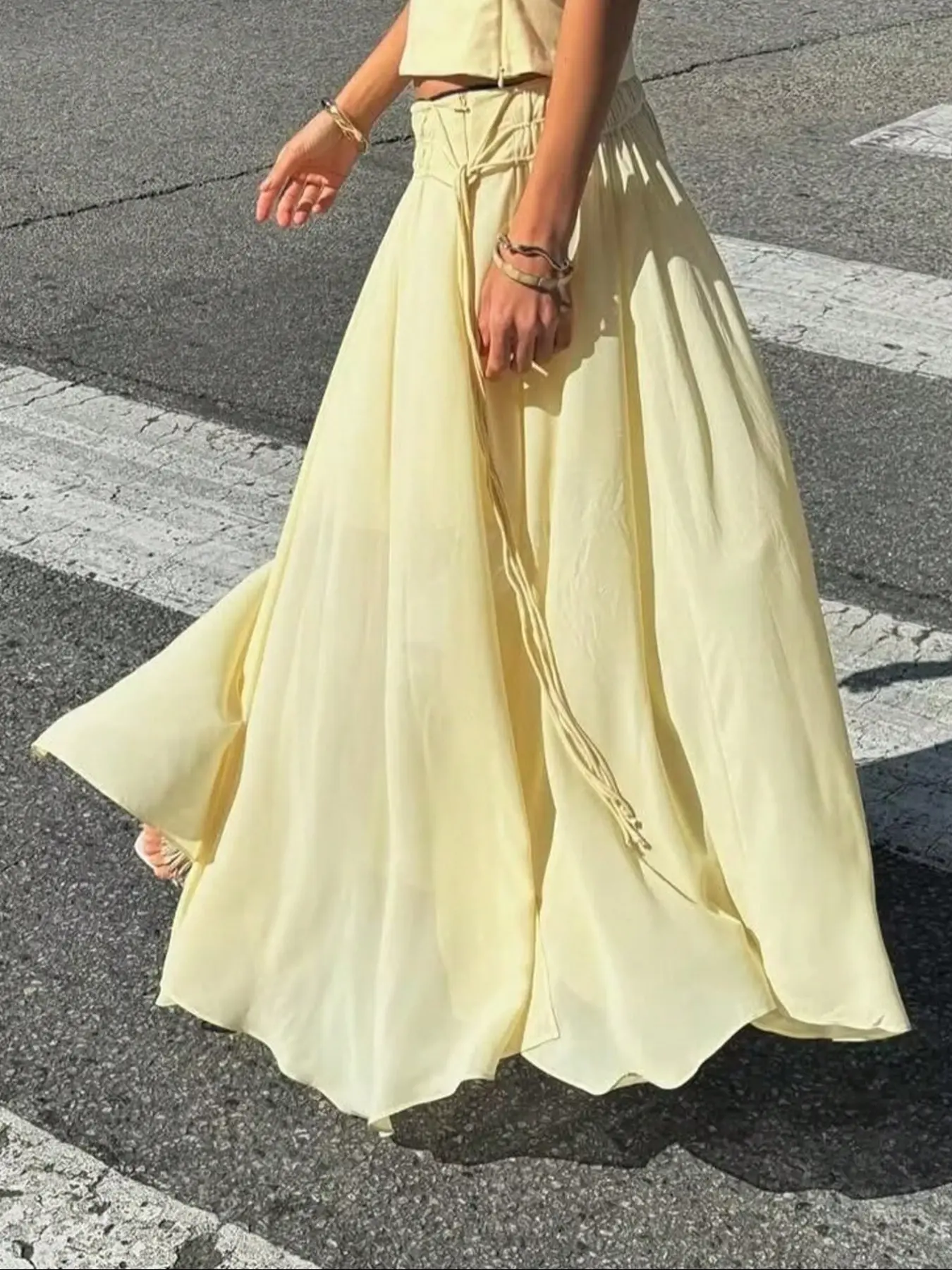 Elegant High-Waisted Cream Skirt, Drawstring Elastic Waist, Lightweight Breathable, Pure Color Flowy Long Dress for Spring Summer - TikTok Shop Elegant High-Waisted Cream Skirt, Drawstring Elastic Waist, Lightweight Breathable, Pure Color Flowy Long Dress for Spring Summer - TikTok Shop