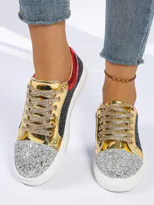 Women's Low Top Board Shoes, Colorblock Sequin Sneakers, Metallic Finish Casual Sports Shoes, Versatile Flat Fashion Shoes