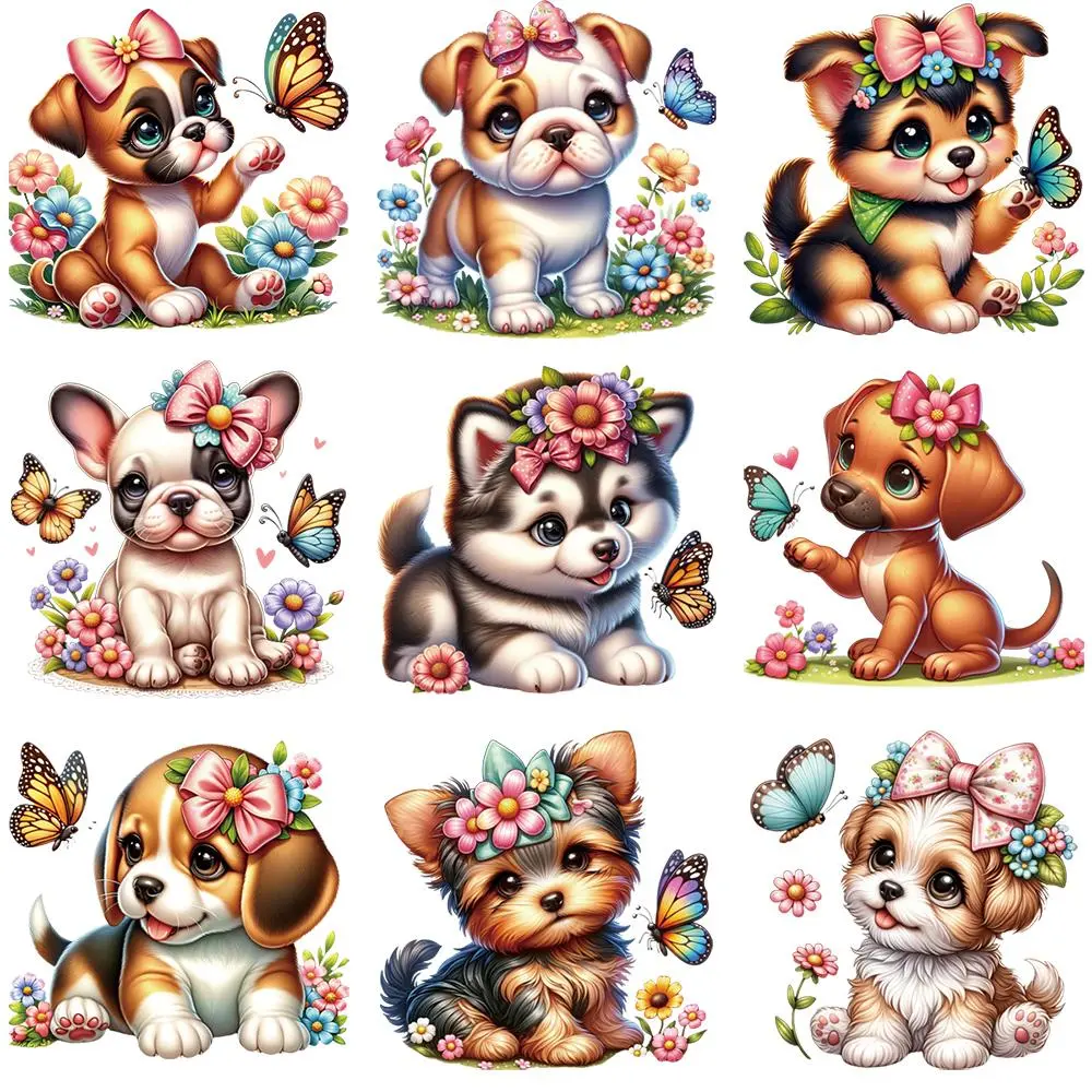 Dog & Butterfly Pattern Heat Transfer Sticker, 9 Counts/set DIY Craft Heat Transfer Sticker, Heat Press Sticker for T-shirt, Jeans, Trousers, Diy Material, Diy Crafts Supplies