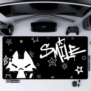 Dark Punk Mousepad Kawaii Gothic Cat Gaming Pad Black & White Smile Design Large Gaming Desk Mat Cute Goth Desk Accessory for Cat Lovers